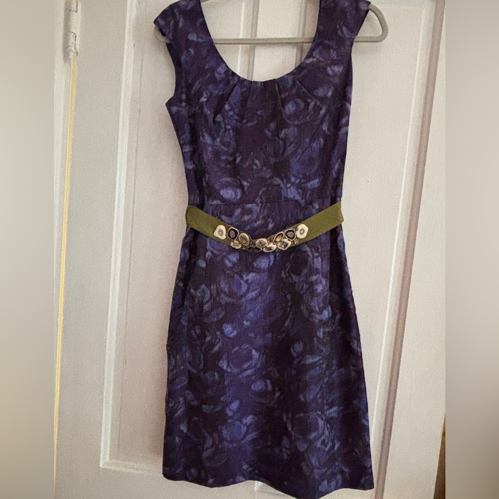 Lela Rose Floral Blue Mini Dress with Green Belt